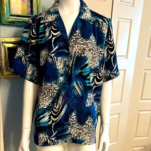 Blue & White Abstract Animal Print Button-Up Blouse Large Leopard #EE